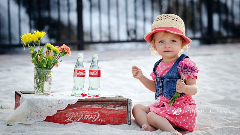 outdoors, smiling, hat, innocence, one person, polka dots, sitting, 1080P, plant, girls, offspring, flower, children, jars, bottles, child, cute, clothing