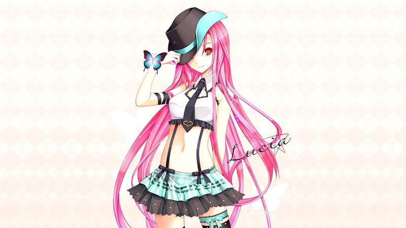 women, thigh-highs, outdoors, multi colored, front view, red eyes, hat, anime girls, focus on foreground, standing, day, adult, anime, Pangya!, pink color