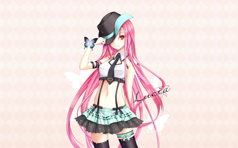 pink color, thigh-highs, 2K, leisure activity, looking at viewer, clothing, young women, hat, arts culture and entertainment, lucia, females, anime girls