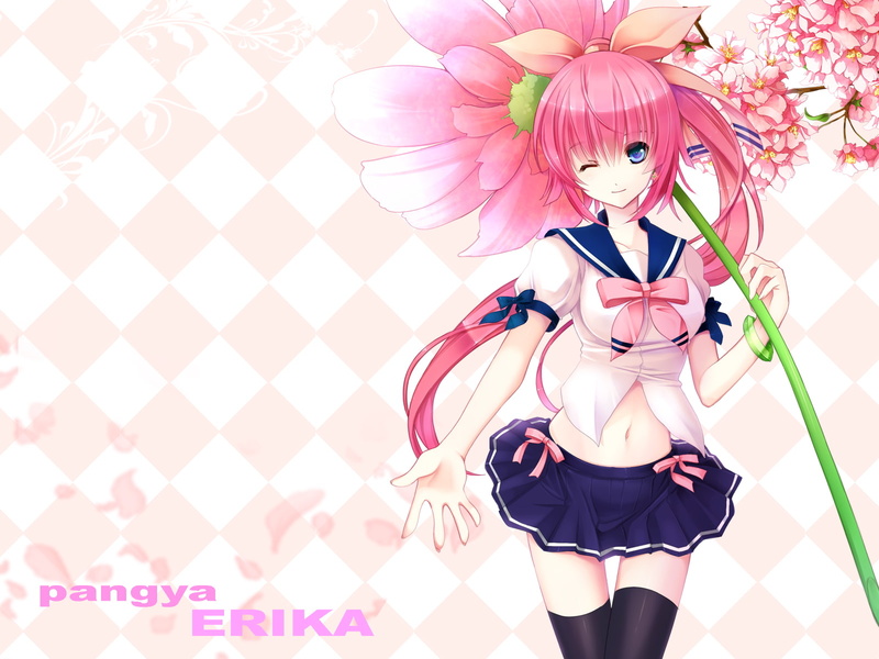 wink, pink, pangya, hana, kira, ponytail, thighhighs, flowers, 720P, hair, yuuki