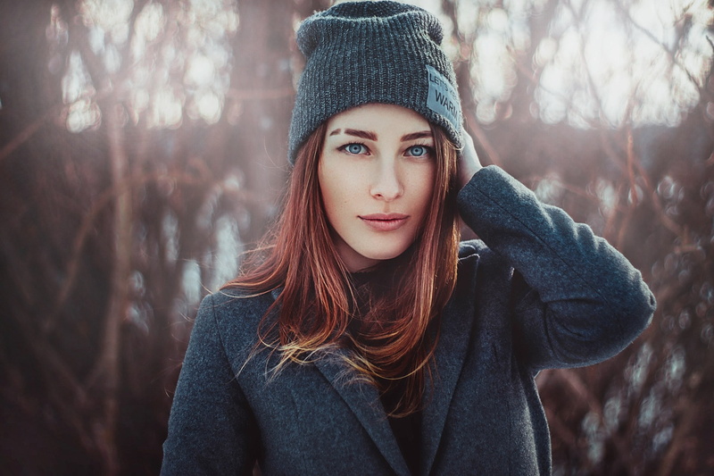face, warm clothing, redhead, forest, beauty, cold temperature, land, scarf, woodland, women, clothing, hands on head, long hair, hat, beautiful woman