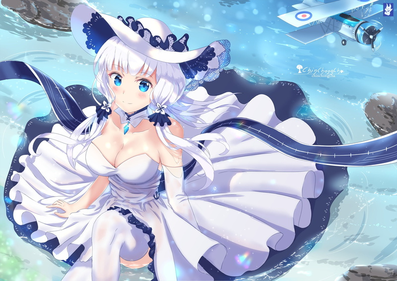 com, thighhighs, eyes, 255441, anthropomorphism, dress, water, aqua, long, watermark, breasts, 1080P, blush, white, hair, lane, chinchongcha, konachan