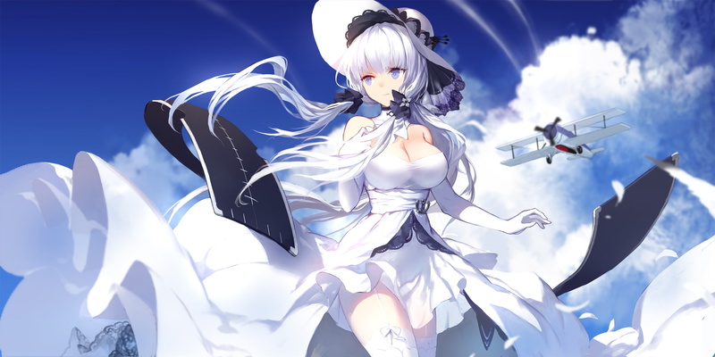 long, clouds, 255333, white, belt, dress, blue, gloves, sky, aircraft, breasts, garter, lane, thighhighs, konachan, 1080P, swd3e2, hat, cleavage, hair