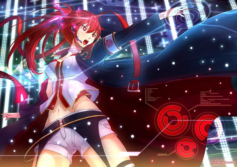 hd, anime, art, redheads, vocaloid, highs, text, hot, cleavage, navel, hair, eyes, belts, thigh, garter, snow, red, 1080P, headset, long