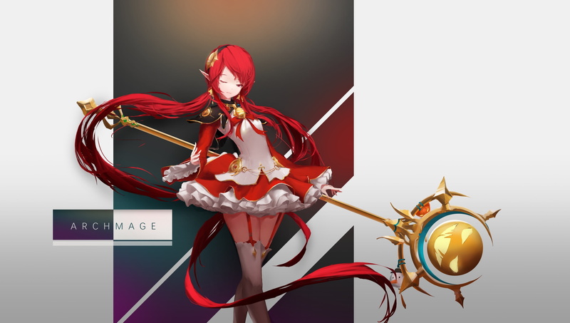 weapon, thighhighs, garter, eyes, ears, tagme, 2K, hair, 245040, long, red, pointed, dress, (artist), belt, com, original, wink, konachan