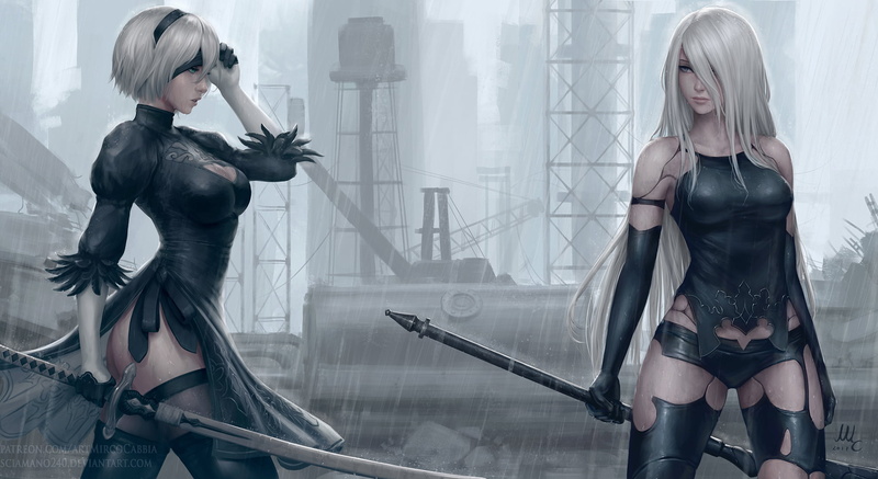 young adult, character, 2B, clothing, 2B (Nier: Automata), beautiful, fashion model, sensuality, blond Hair, garter Belt, rain, adult, lingerie, NieR, beauty