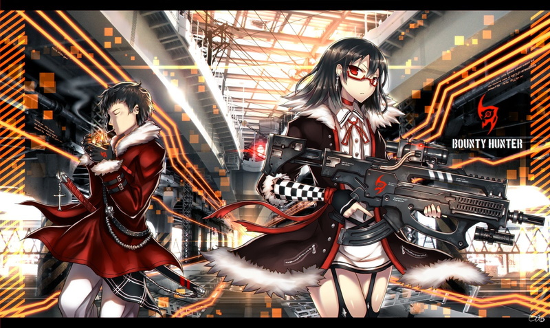 sword, glasses, eyes, gun, weapon, red, black, original, signed, garter, belt, smoking, short, hair, male, 720P, cigarette, gia