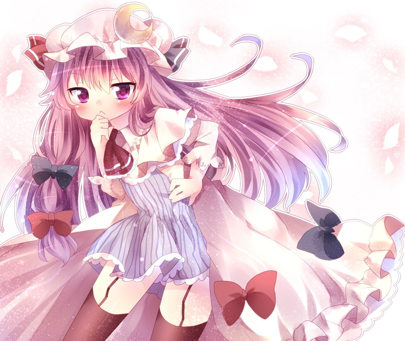 dress, anime, garter, hair, girls, eyes, hats, knowledge, blush, belts, long, 720P, pink, patchouli, touhou, ribbons