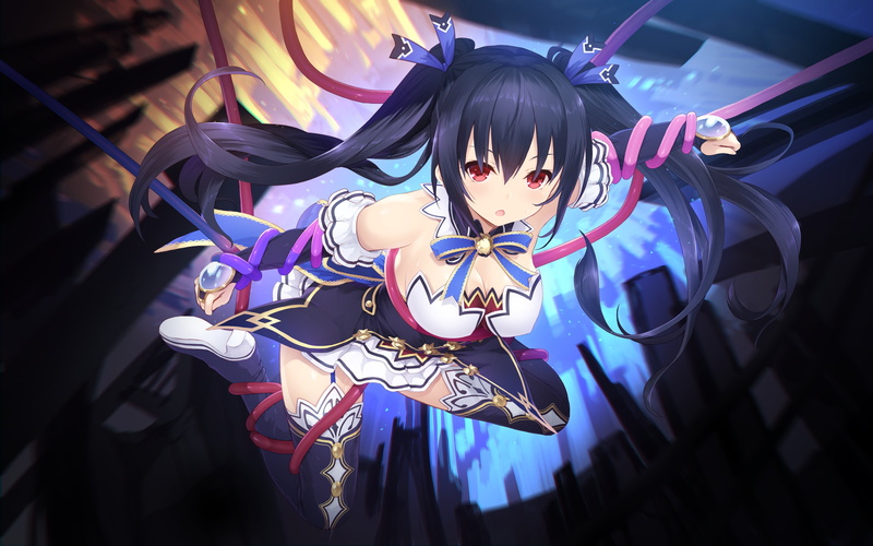garter, ribbons, bondage, collar, belt, noire, hair, twintails, boots, cleavage, black, thighhighs, elbow, com, gloves, red, dress, long, breasts, konachan