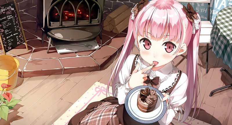 Chocolate Cake, Original, Girl, Pink Hair, Tongue, Food, Twintails, Anime, Flower, Long Hair, 4K, bow (Clothing), Dress, Blush, Cake, Pink Eyes, Maid