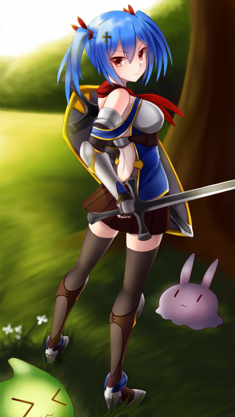 grass, young women, full length, armor, weapon, high heels, activity, 1080P, women, beautiful people, young adult, shoe, beauty, anime girls, blue hair