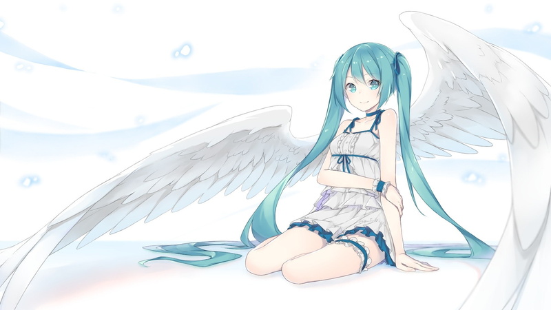twintails, Vocaloid, wings, white dress, long hair, Hatsune Miku, 1080P, aqua hair