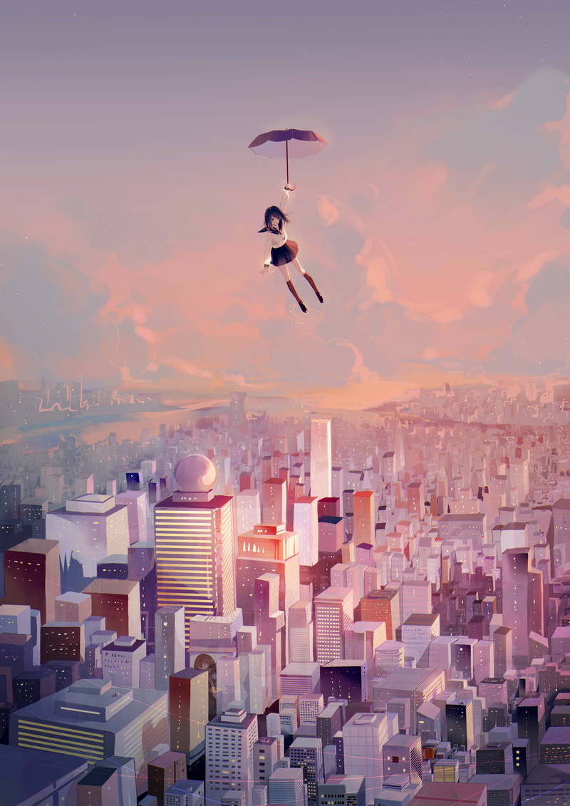 school uniform, flying, original characters, city, 5K, blouse, anime girls, skirt, anime, umbrella, zhibuji loom, clouds, black stockings, long hair, stockings