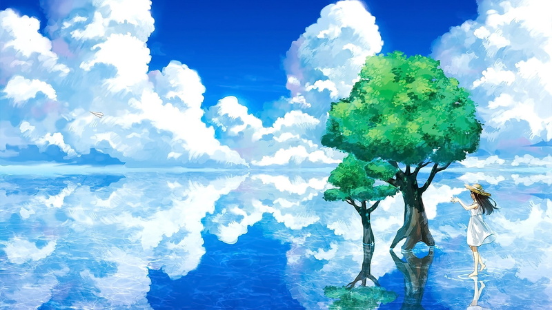 cloud - sky, long hair, hat, 1080P, day, digital composite, original characters, anime, sea, growth, horizon over water, scenics - nature, anime girls