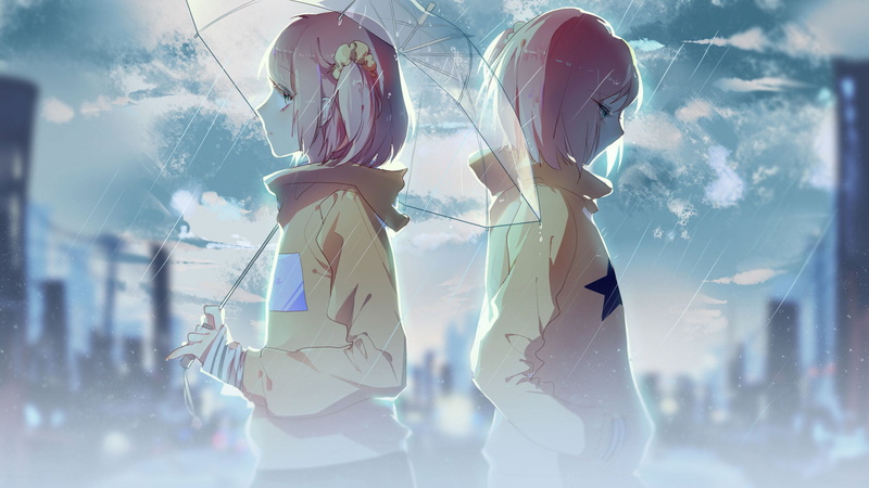 technology, protection, pink hair, back to back, day, window, zhibuji loom, women, adult, original characters, reflection, digital composite, city, clouds
