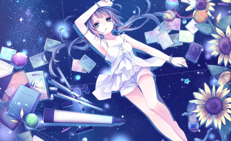 hatsune, camera, wristwear, blue, necklace, vocaloid, (liar-player), miku, 720P, flowers, hair, kuroi, twintails, stars, eyes, shorts, paper