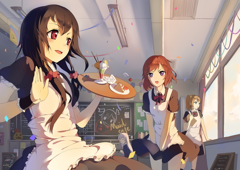 wristwear, ponytail, long, hair, blonde, red, nico, maid, eyes, cake, apron, brown, yazawa, short, twintails, 4K, group, purple, white