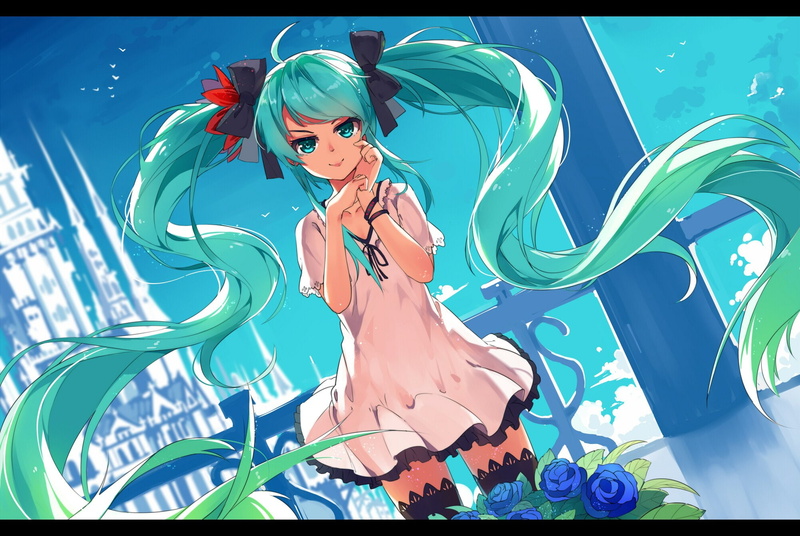 aqua, vocaloid, dress, twintails, hatsune, bow, wristwear, hair, ryouiki, thighhighs, zettai, haraguroi, ribbons, eyes, miku, rose, 1080P, flowers, long