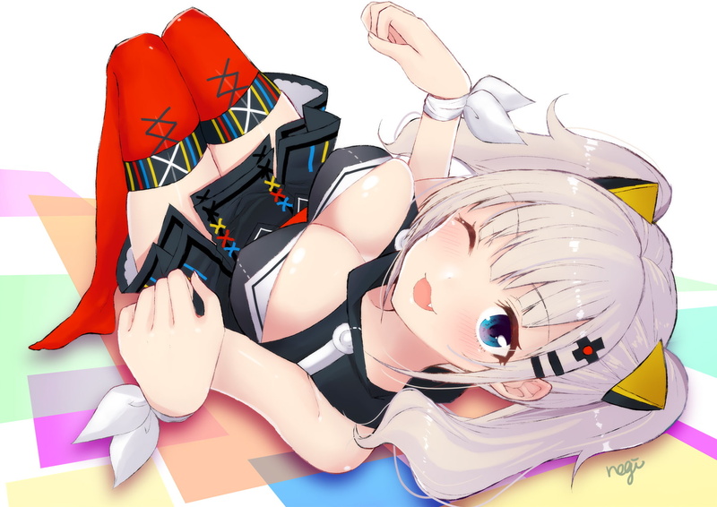 (character), 720P, twintails, com, luna, wristwear, 258220, cleavage, konachan, wink, blue, kaguya, aonegi, white, hair, eyes, thighhighs, breasts