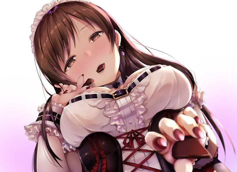 long, idolmaster, brown, nitta, valentine, blush, wristwear, fay, headdress, maid, gradient, eyes, close, minami, chocolate, breasts, hair, corset, 2K
