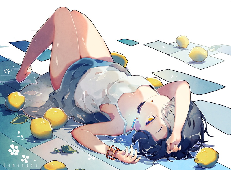 relaxation, collar, breasts, adult, nature, clothing, asp@juken, barefoot, wristwear, yellow, lying down, shoe, one person, sitting, black, fruit, com