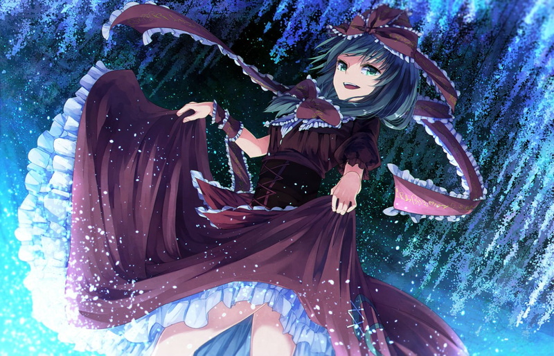 green, ribbons, eyes, hair, touhou, notsu, bow, kagiyama, 720P, wristwear, dress, ibuki, hina