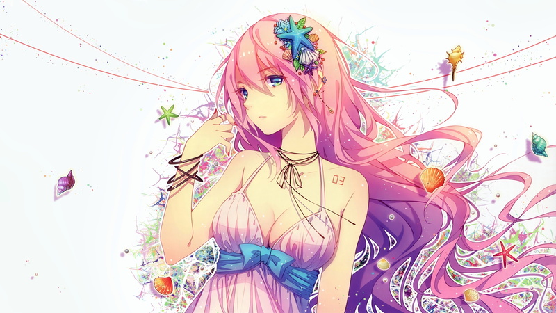 scan, photoshop, megurine, blue, hair, breasts, luka, 4K, long, white, ribbons, vocaloid, wristwear, pink, tidsean, eyes, dress, headdress, cleavage