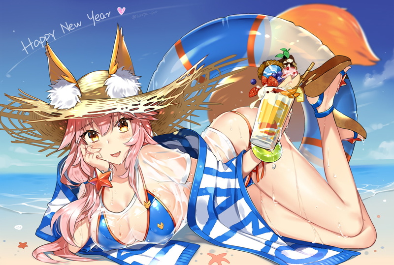 breasts, wet, fang, sky, water, blush, signed, konachan, bikini, tail, fruit, 720P, ring, wristwear, apple, com, catsizuru, food, foxgirl, hat, beach