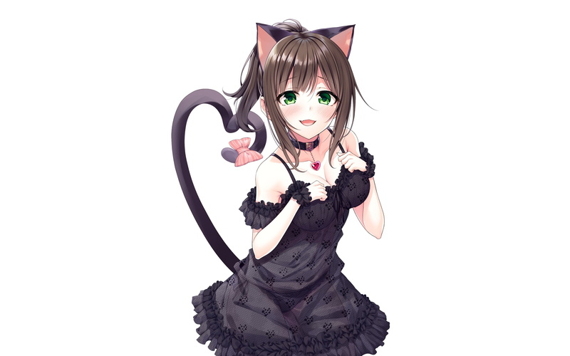 dress, panties, com, bow, cleavage, fang, wristwear, underwear, catgirl, collar, hair, breasts, 2K, tail, ponytail, green, white, long, idolmaster, eyes