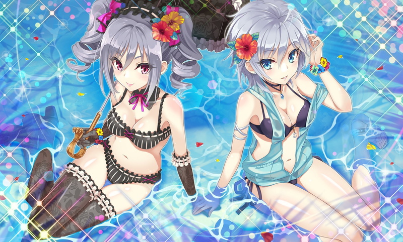 pink, umbrella, twintails, eyes, wristwear, girls, bikini, flowers, gloves, short, swimsuit, idolmaster, elbow, gray, hair, blue, water, thighhighs, 1080P