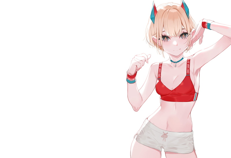 bra, underwear, cleavage, collar, navels, blonde, horns, short hair, wristwear, white, shorts, 720P, belly, black eyes