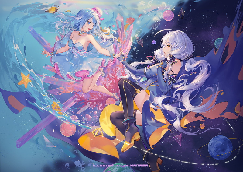 yellow, dress, females, group of animals, watermark, 720P, breasts, wristwear, men, marine, gloves, real people, people, cleavage, water, long, hair, women