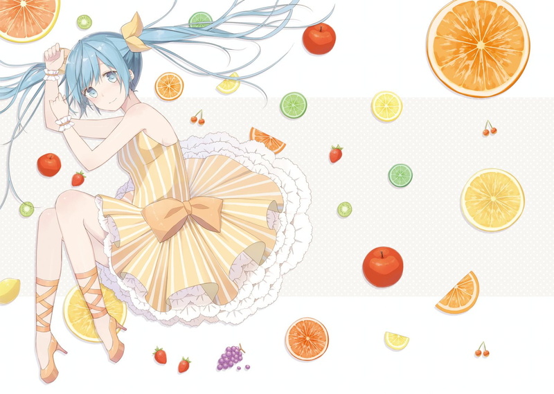 twintails, hatsune, wristwear, vocaloid, bow, fruit, apple, miku, 720P, nagitoki, dress