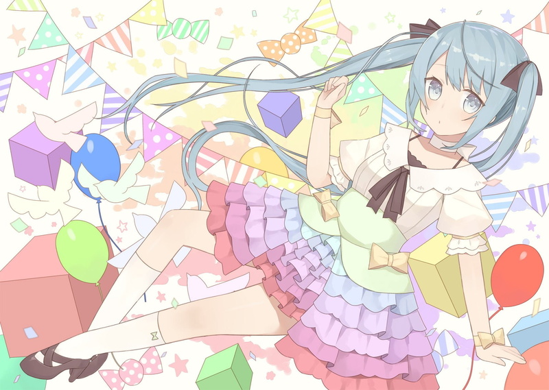 hair, hatsune, miku, vocaloid, 720P, long, aqua, twintails, kneehighs, nagitoki, eyes, skirt, wristwear, choker, bow