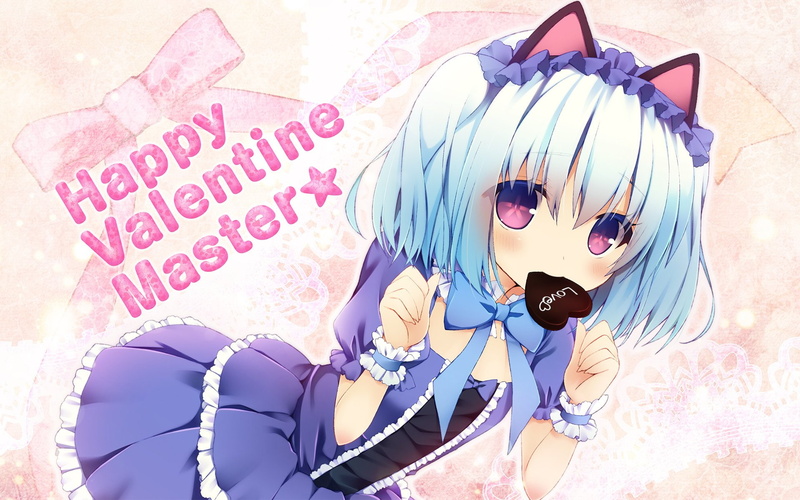 blue, wristwear, food, 1080P, purple, chocolate, blush, 1000 chan, bow, choker, headdress, hair, catgirl, candy, short, valentine, pink, eyes, kanora