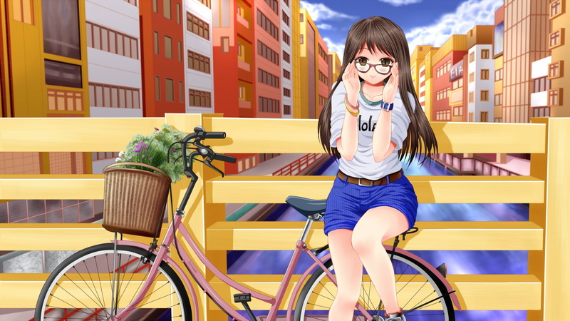 249414, brown, long, shorts, original, com, hair, ilolamai, konachan, 1080P, eyes, wristwear, bicycle, glasses