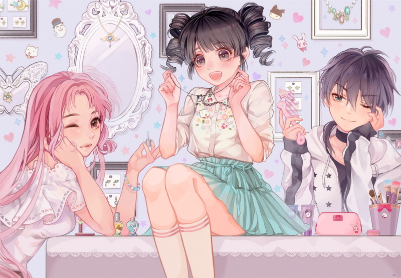 pink, collar, com, long, hoodie, blush, konachan, wristwear, twintails, wink, 248287, (yakusoku0722), necklace, eyes, black, 720P, mirror, skirt, kneehighs