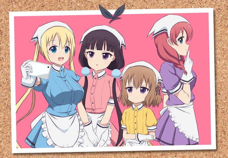 Miu Amano, Kaho Hinata, Long Hair, Brown Hair, Glove, Smile, Smartphone, Mafuyu Hoshikawa, Anime, Blue Eyes, Blend S, 720P, Maid, Maika Sakuranomiya, Twintails