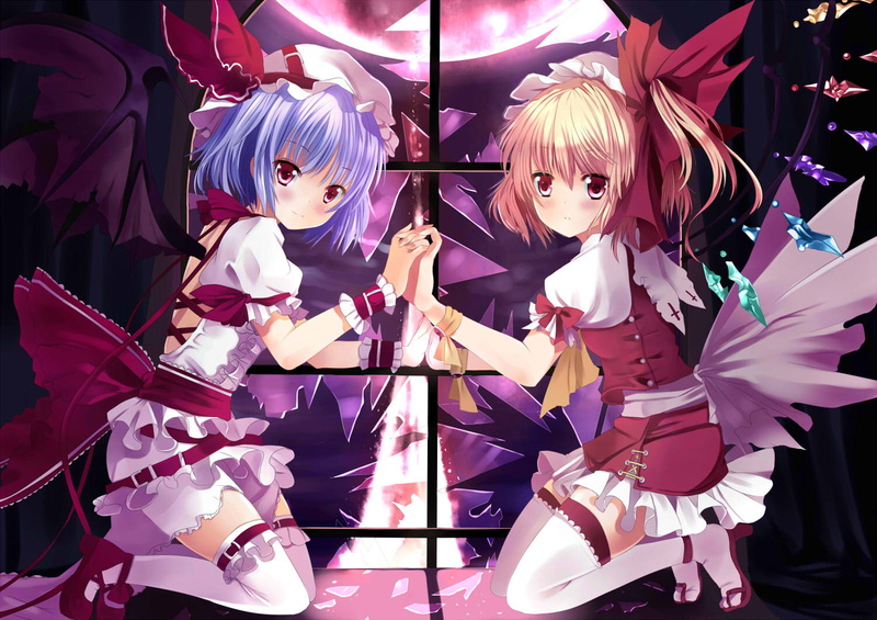 dress, ribbons, eyes, touhou, xephonia, scarlet, 720P, hat, remilia, blue, blonde, hair, flandre, short, thighhighs, blush, moon, wings, red