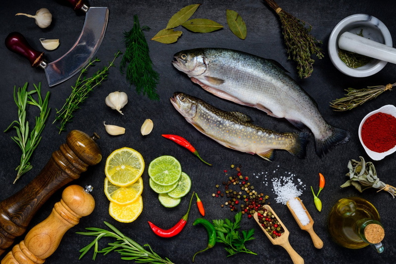 seafood, high angle view, ingredient, healthy eating, food, no people, animal, food and drink, vertebrate, spice, raw food, curry, freshness, Fish, vegetable