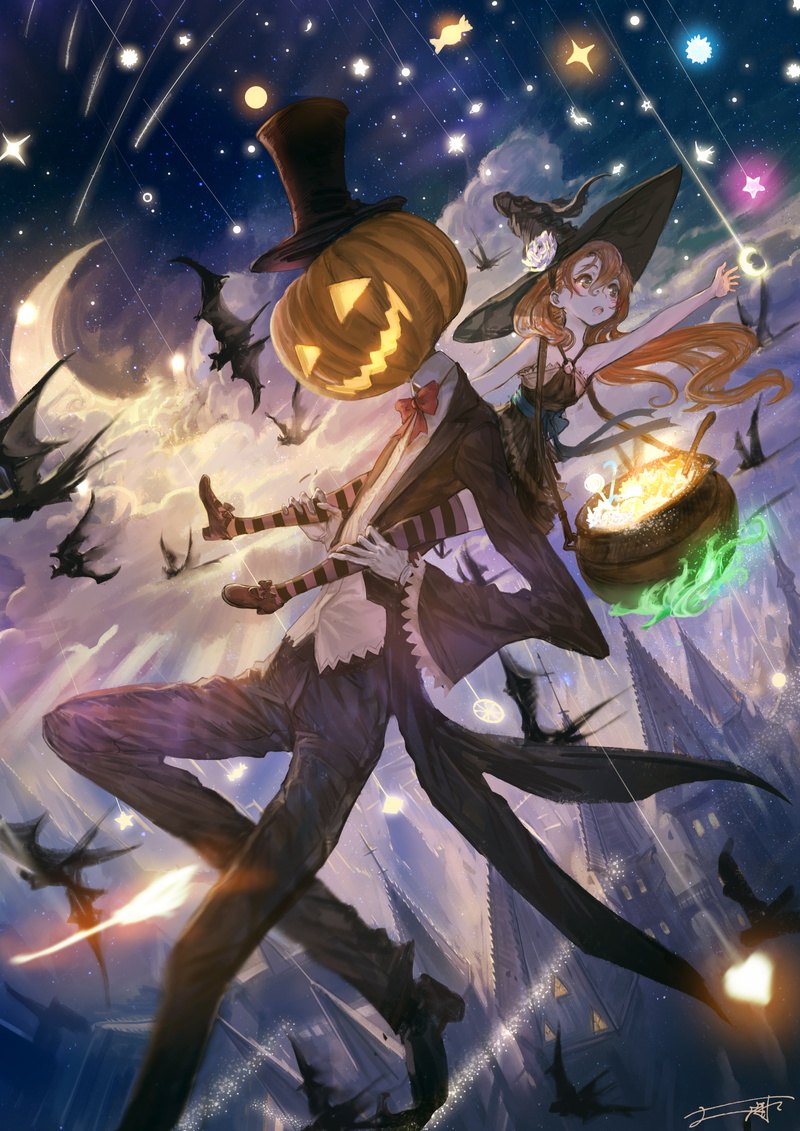 pumpkin, stars, long hair, building, Moon, hat, 4K, Halloween, black dress
