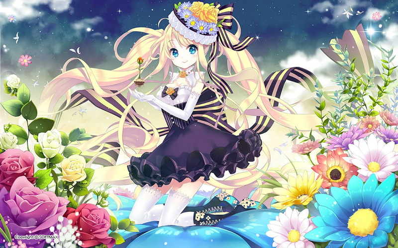 blonde, eyes, 720P, flowers, hair, leaves, long, dress, blue, hat, boots, elbow, gloves, e nya