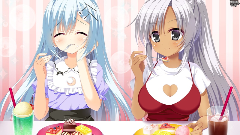 indoors, anime girls, representation, celebration, cake, food and drink, front view, sweet, creativity, female likeness, table, anime style games, eating sweets