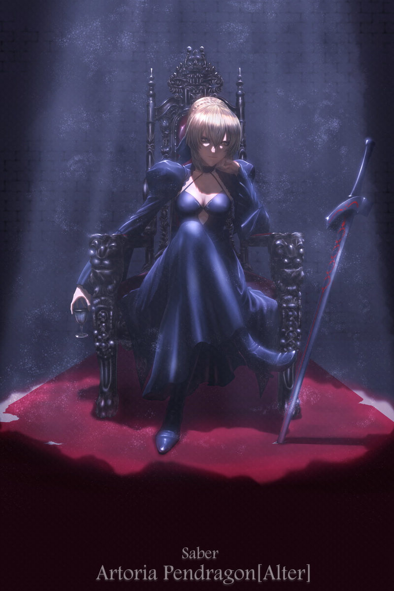 french braid, wine glass, pale, Fate/Grand Order, arm support, sitting, 2D, small boobs, fan art, Mugetsu Illust, long sleeves, Saber Alter, 2K, legs crossed