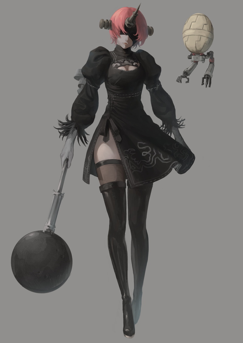crossover, anime girls, black stockings, simple background, cosplay, 2K, fantasy weapon, mask, pink hair, 2B (Nier: Automata), Berserker of Black, Frankenstein (Fate/Apocrypha)
