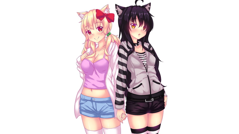 eyes, original, shorts, white, hoodie, long, hair, betsy, red, blush, bow, naala, com, twintails, thighhighs, blonde, 2K, choker, black, catgirl, 2girls