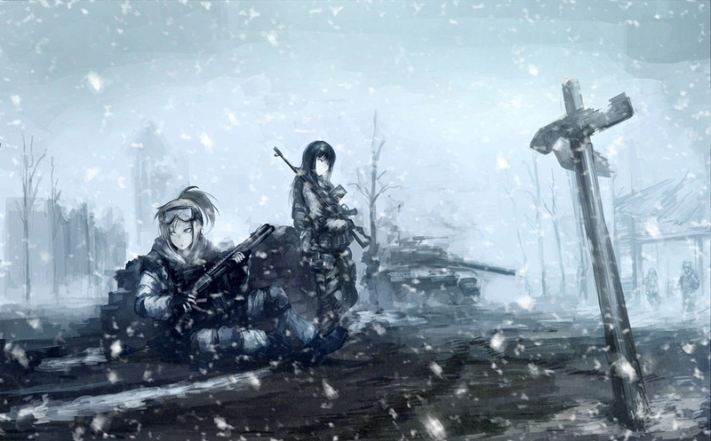 goggles, military, girls, boots, snow, gloves, ponytail, 720P, uniform, cigarette, black, original, hellshock, long, tree, gun, brown, winter, weapon
