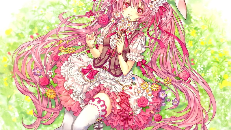 1080P, Sakura Miku, anime girls, Vocaloid, flowers, pink hair, anime