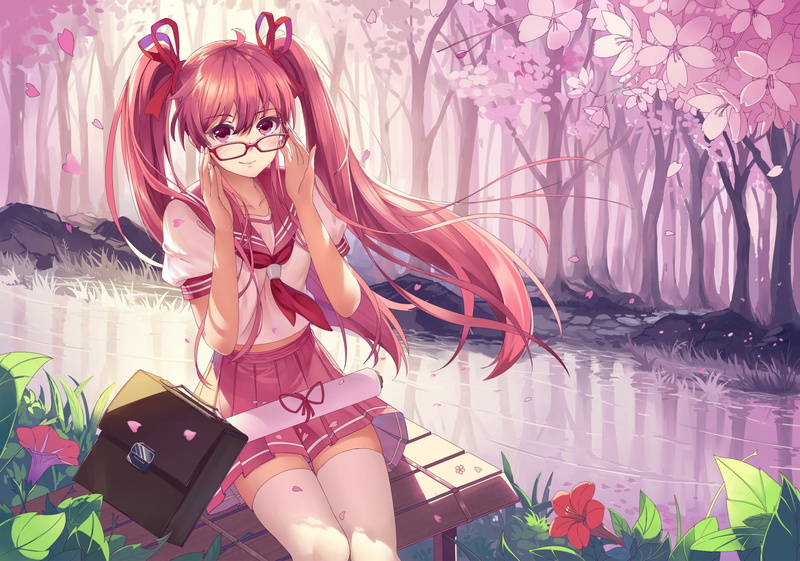 anime girls, river, Sakura Miku, flowers, Vocaloid, 1080P, anime, redhead, long hair, landscape, pink eyes, forest