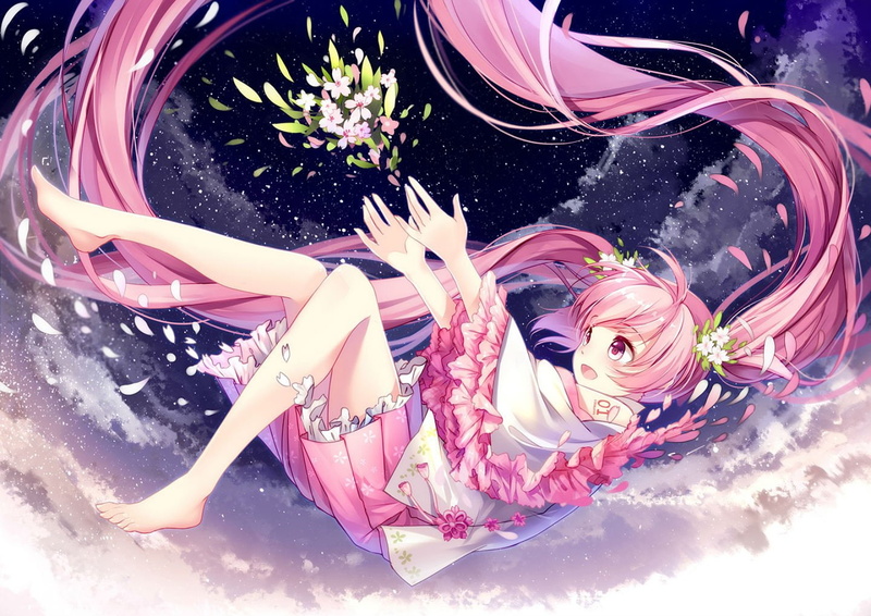 long, flowers, pink, hair, vocaloid, hatsune, petals, stars, 720P, bisonbison, miku, skirt, twintails, eyes, sakura, barefoot